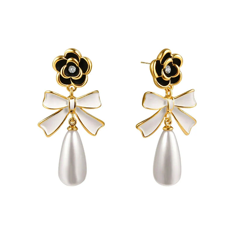 Camellia Bow Teardrop Pearl Earrings