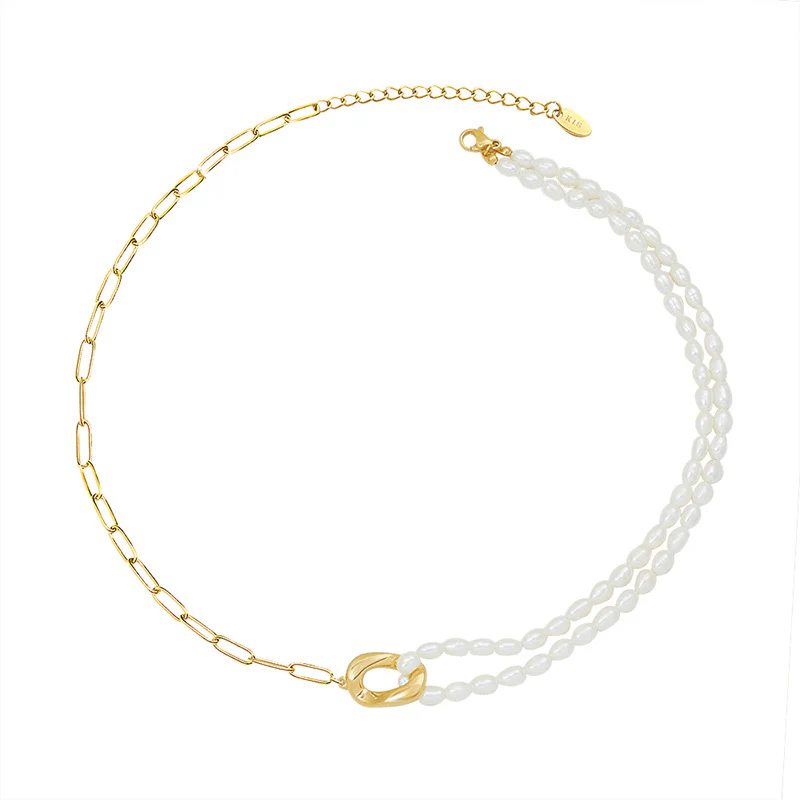 Half Pearl Half Paperclip Chain Necklace