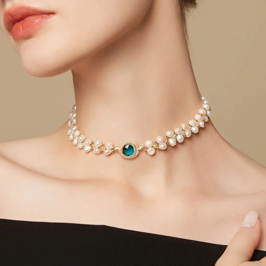 Pearl Choker Necklace Bracelet Set