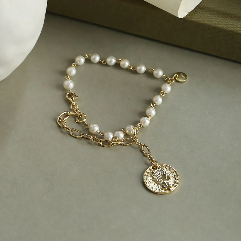 Vintage Portrait Coin Pearl Bracelet
