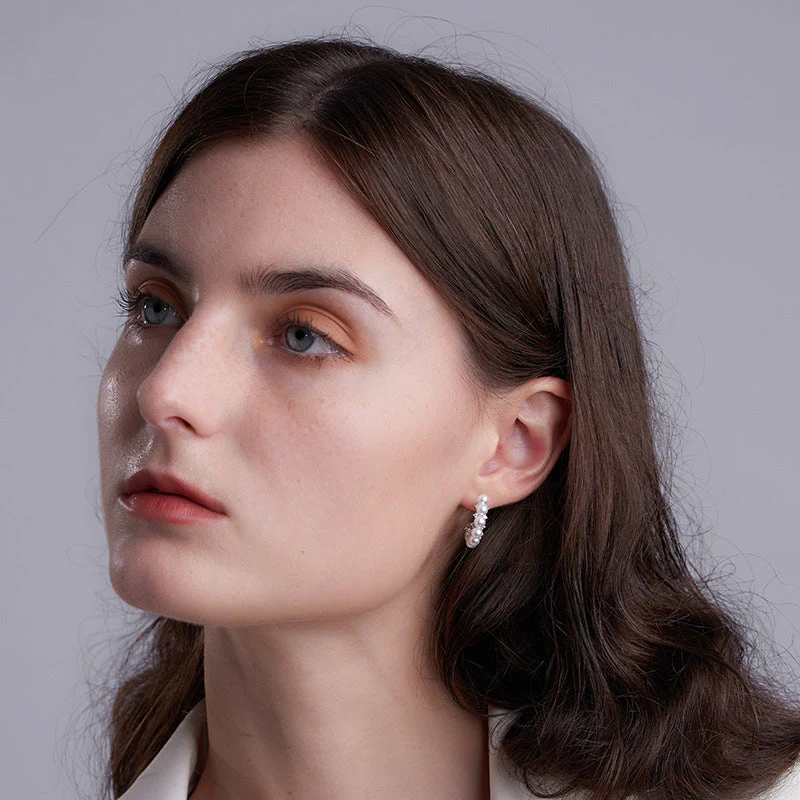 Pearl Half Hoop Earrings With Diamond