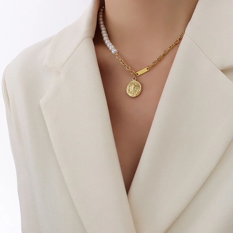 Double Sided Coin Pendant Half Pearl Half Chain Necklace