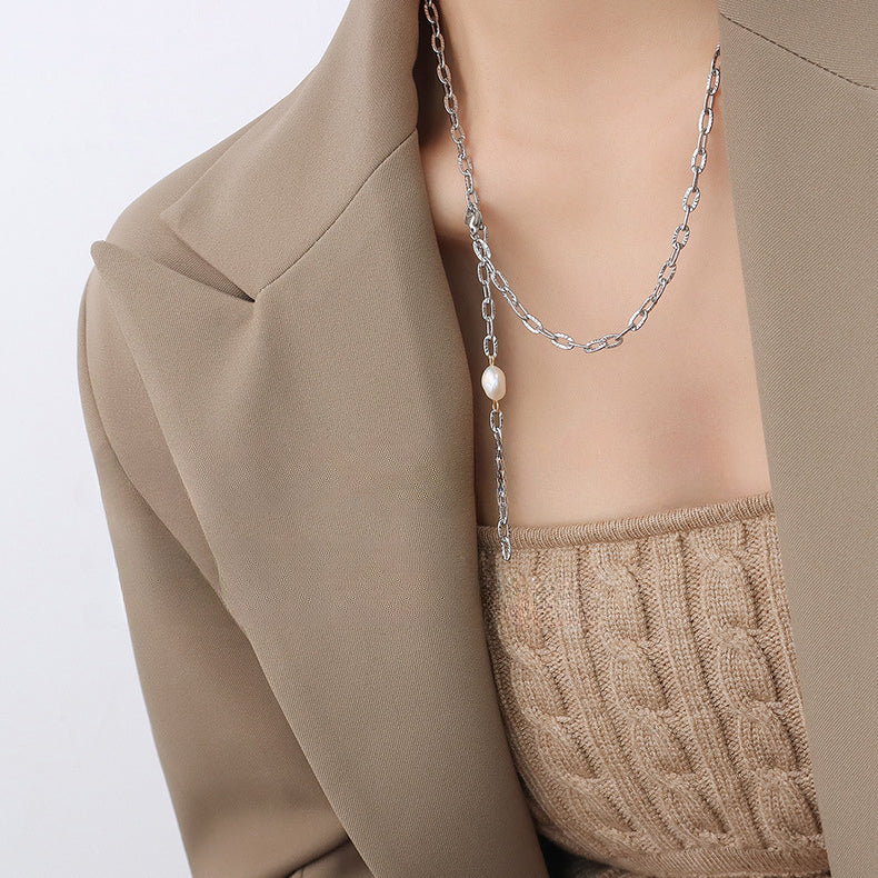 Adjustable Thick Y Necklace Bracelet Set With Pearl Charm