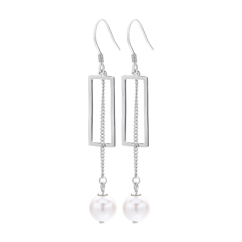 S925 Silver Geometric Tassel Pearl Dangle Earrings