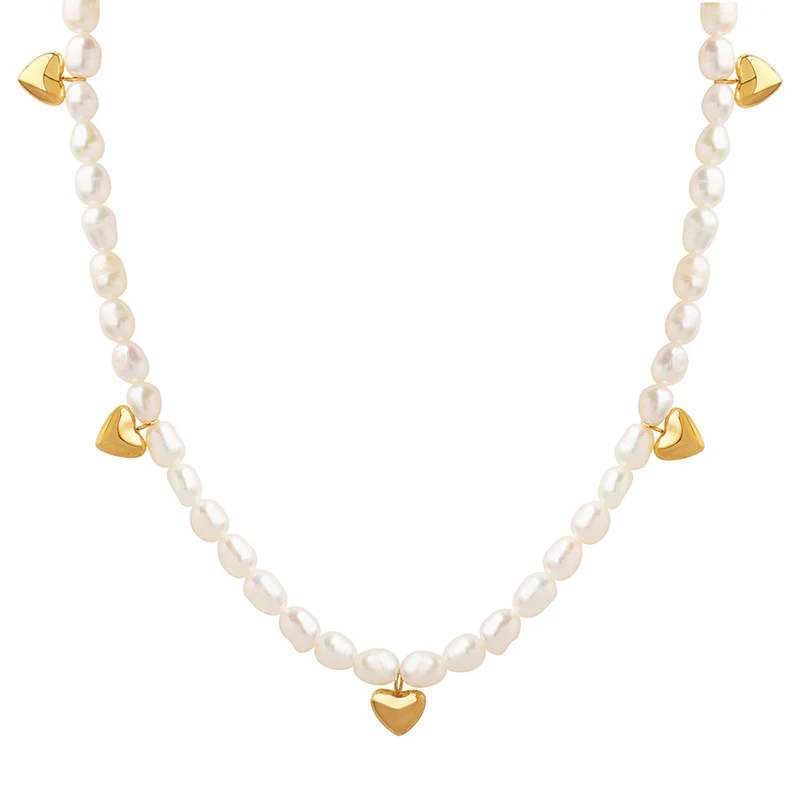 Gold Heart Charms Freshwater Pearl Necklace