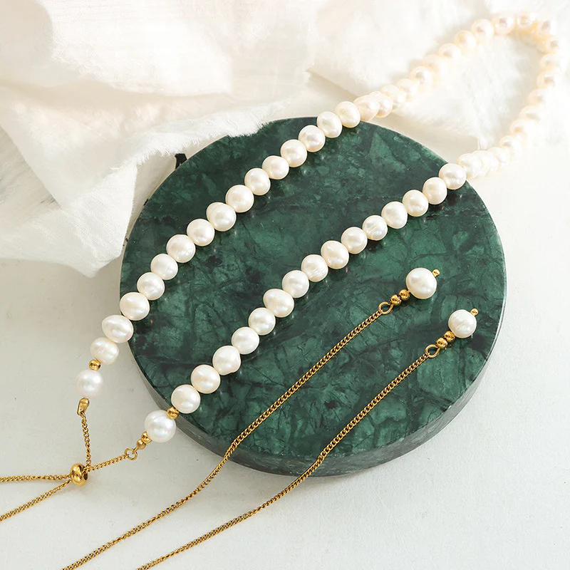 Multi Wear Ways Pullable Long Gold Sweater Chain Freshwater Pearl Necklace