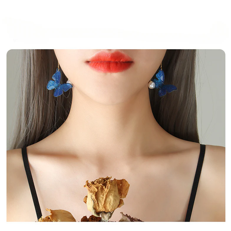 Pearl Drop Linear Blue Butterfly Earrings