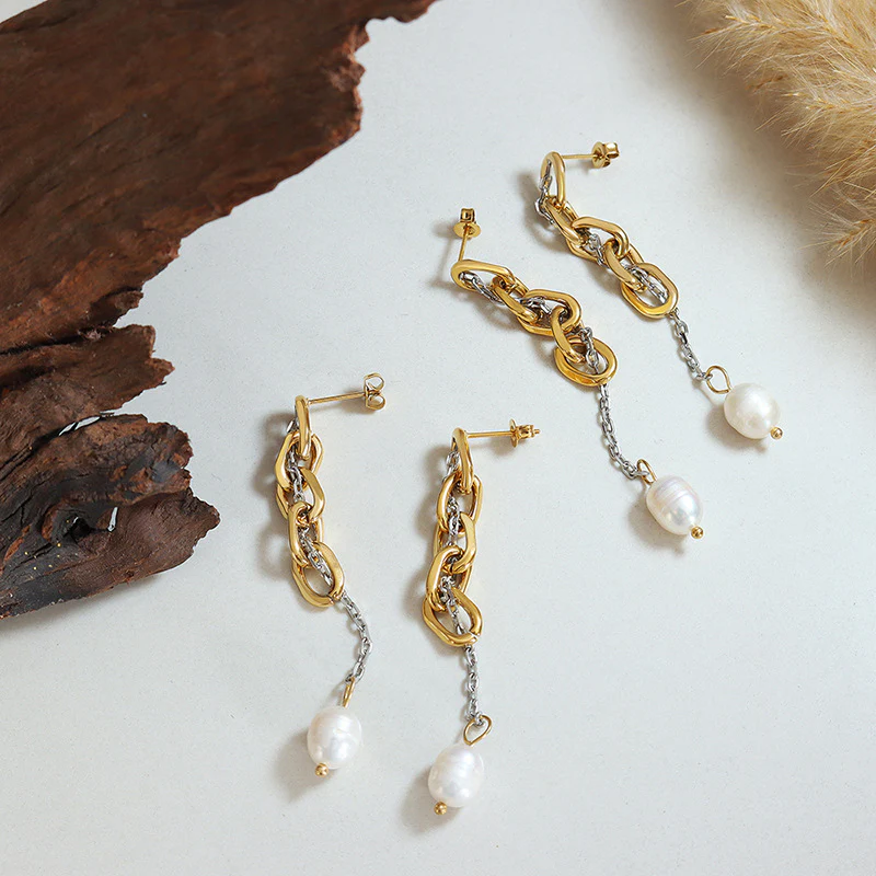 Gold Silver Mixing Chain Tassel Pearl Drop Earring