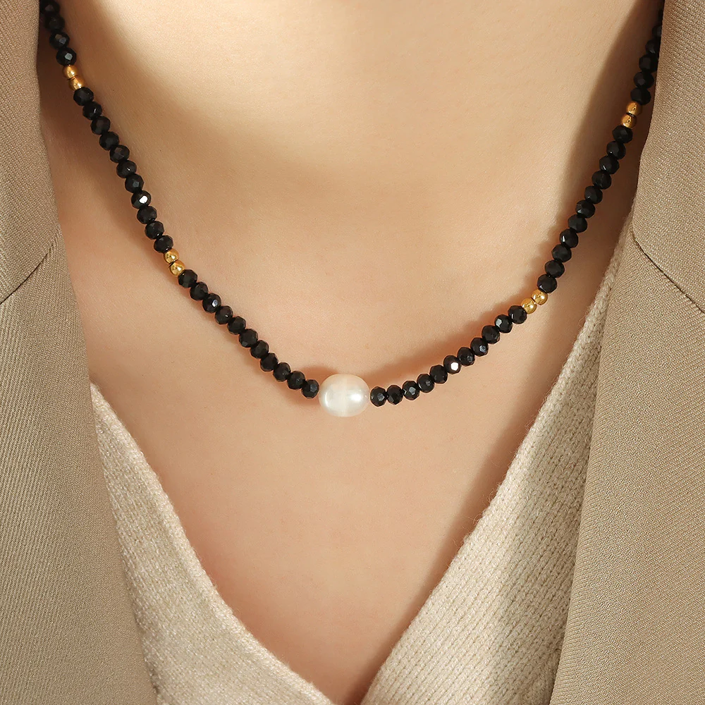 Black Glass Beads Freshwater Pearl Necklace