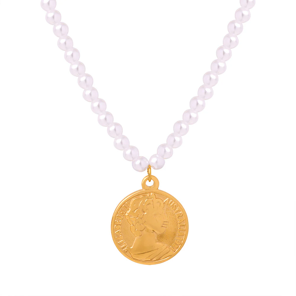 Pearl Necklace With Gold Round Portrait Pendant