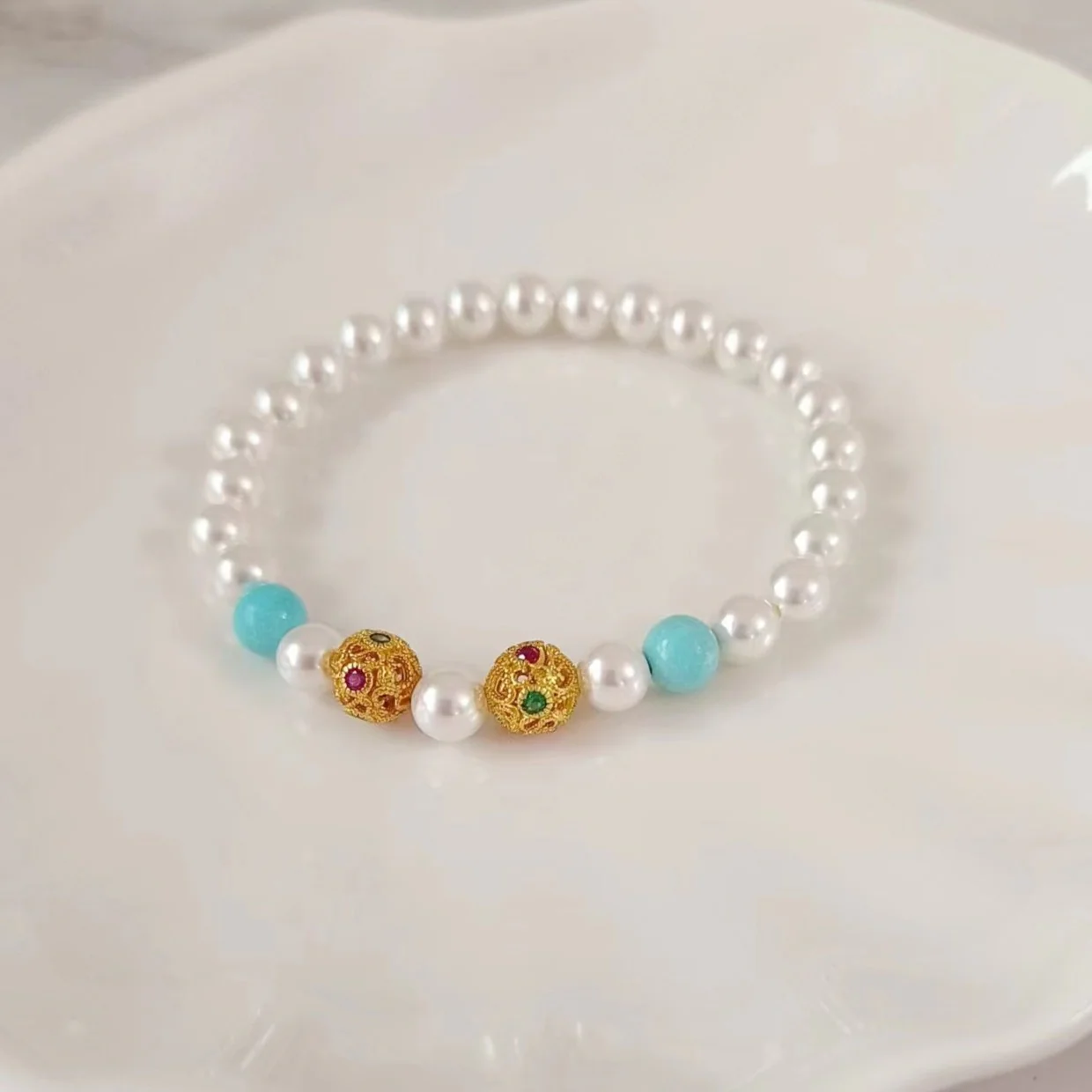 Handmade Elastic Turquoise Pearl Bracelet