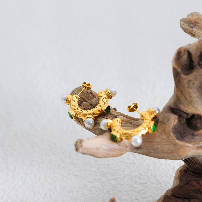 C Shape Emerald and Pearl Earrings