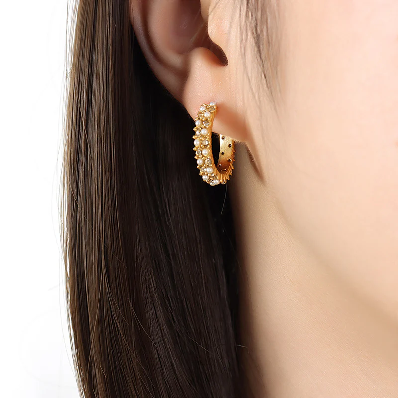 C-Shaped Diamond-Set Pearl Earrings