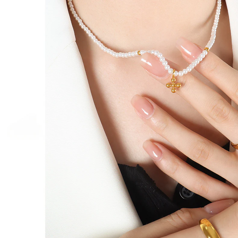 Pearl Necklace With Beads Cross Pendant