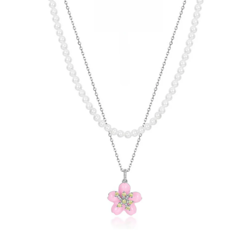 Two Layers Cherry Blossom Pendant  Pearl Necklace