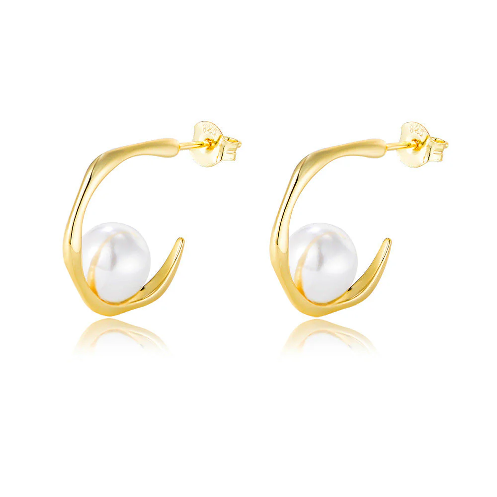 Geometric C Shape Pearl Earrings