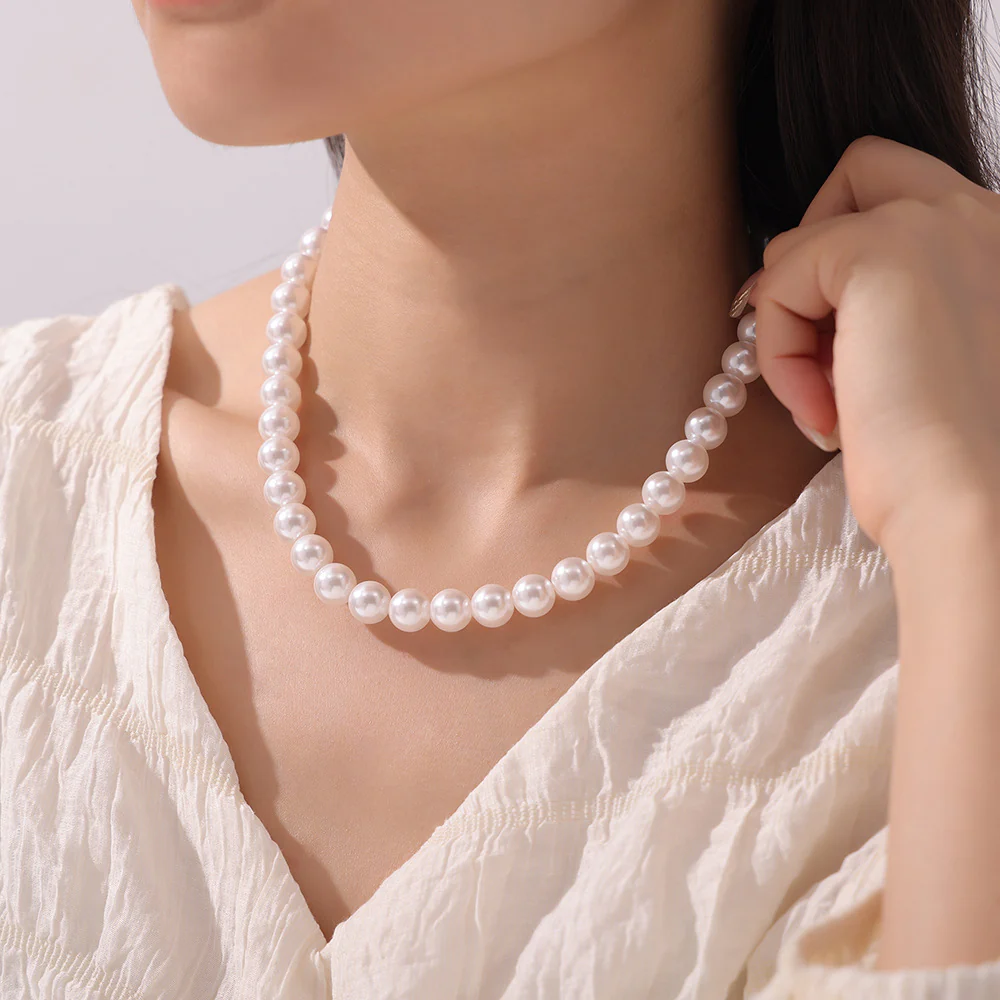 8mm 10mm 12mm White Grey Brown Pearl Bead Necklace