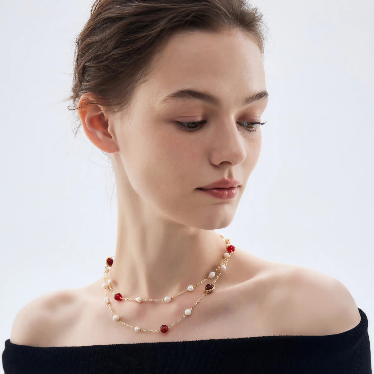 Long Natural Red Agate Freshwater Pearl Necklace