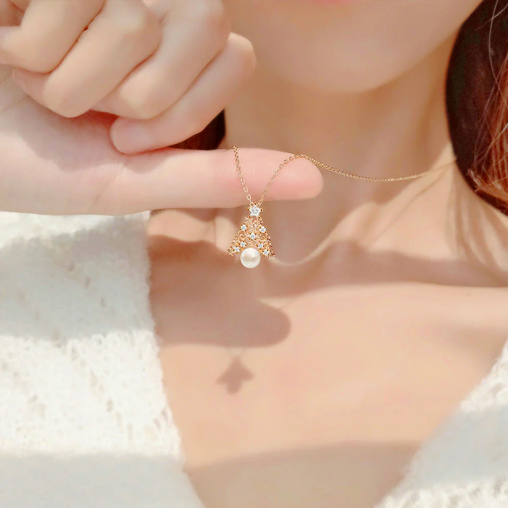 Gold Christmas Tree Snowflake Pendant Necklace