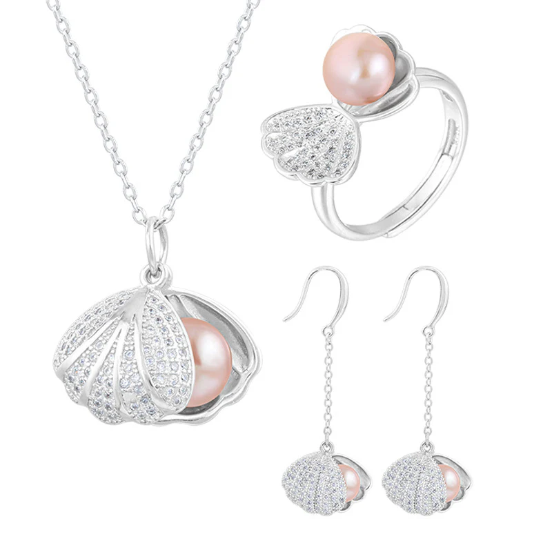 Shell Pearl Pendant Necklace Earrings Ring Set