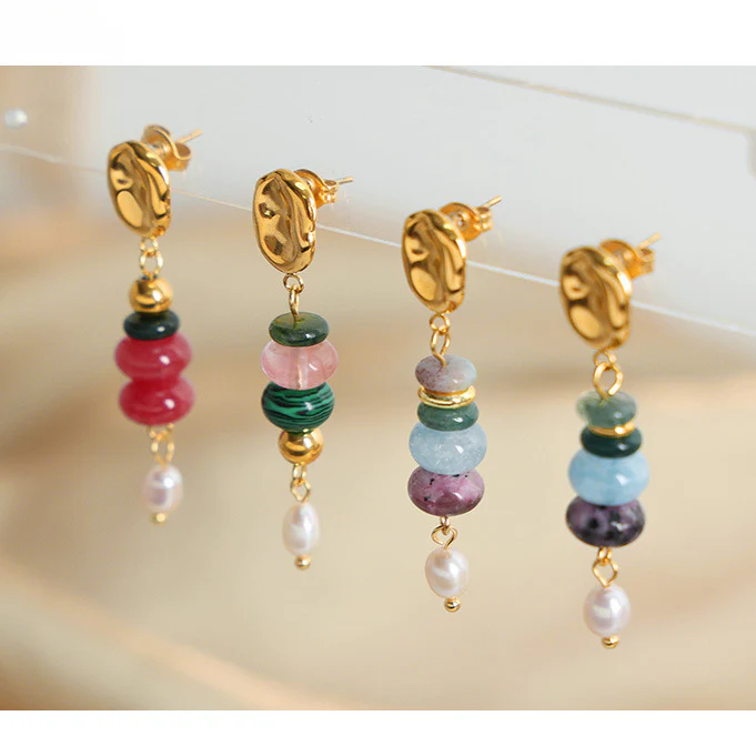 Colored Natural Stone Freshwater Pearl Drop Earrings