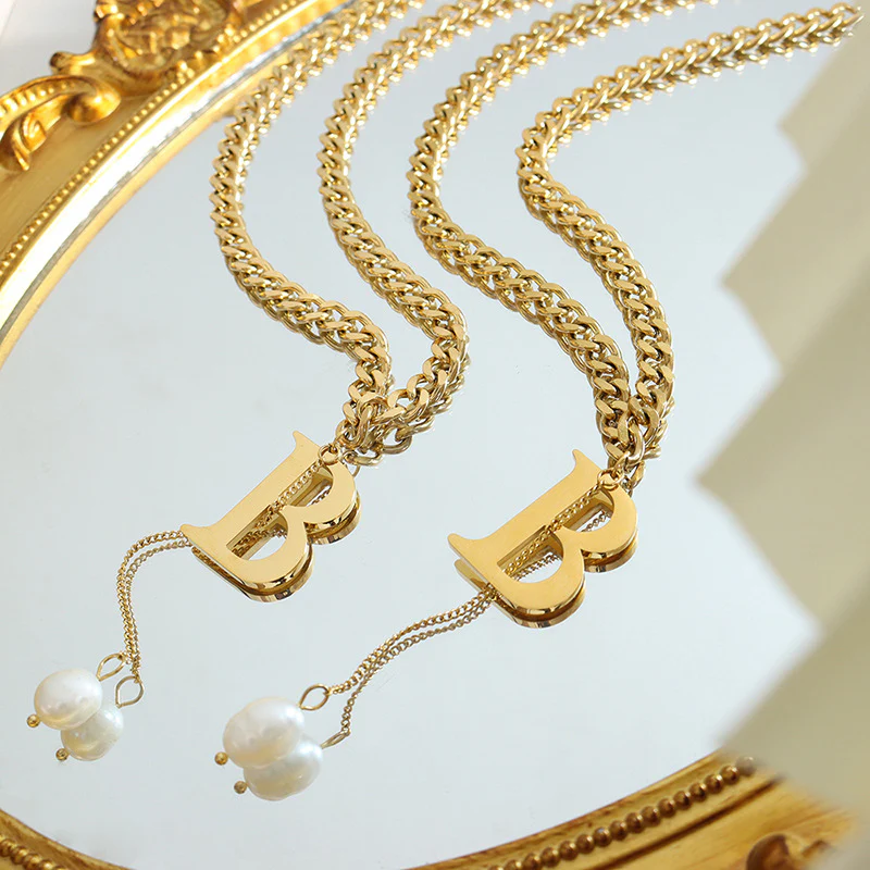 Letter B Pearl Drop Pendant Thick Flat O Chain Y Necklace