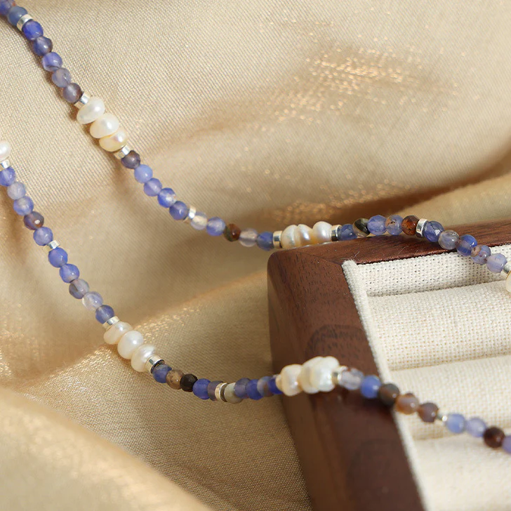 Blue Purple Natural Agate Freshwater Pearl Beaded Necklace