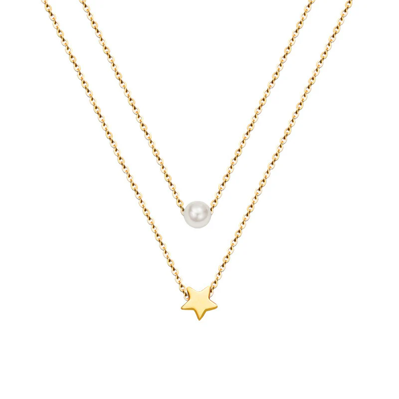 Pearl and Star Pendant Two Layered Stacked Necklaces