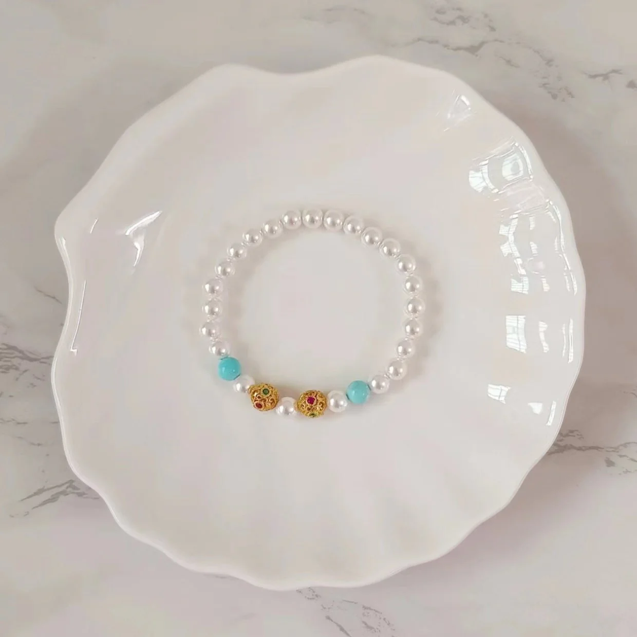 Handmade Elastic Turquoise Pearl Bracelet