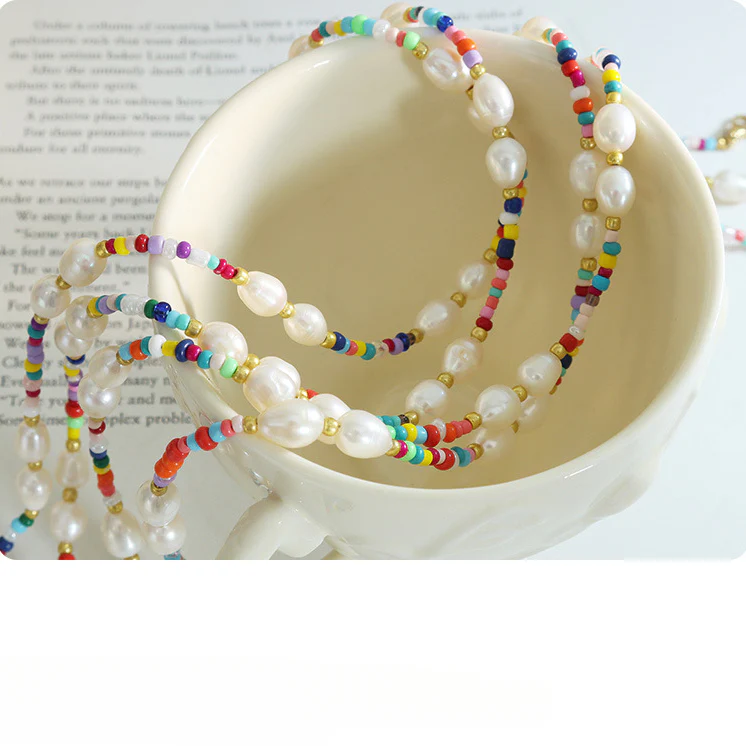 Freshwater Pearl and Rainbow Glass Beaded Necklace