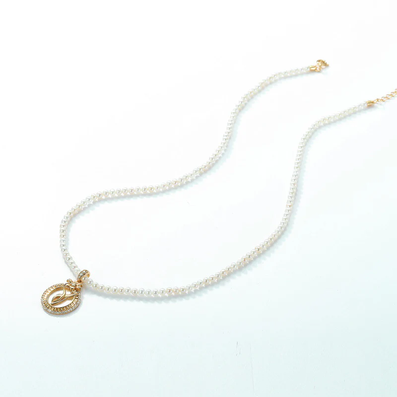 2mm Small Pearl Necklace With Round Pendant