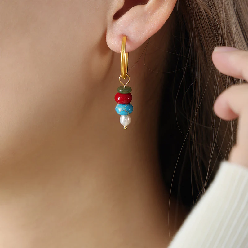 Circle With Natural Stone Pearl Drop Earring