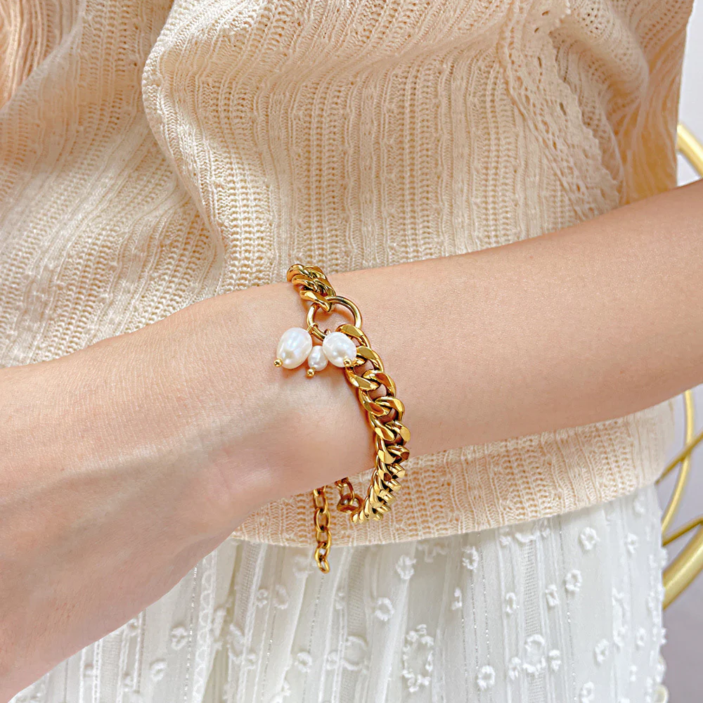 Chunky Cuban Chain Freshwater Pearl Charms Bracelet
