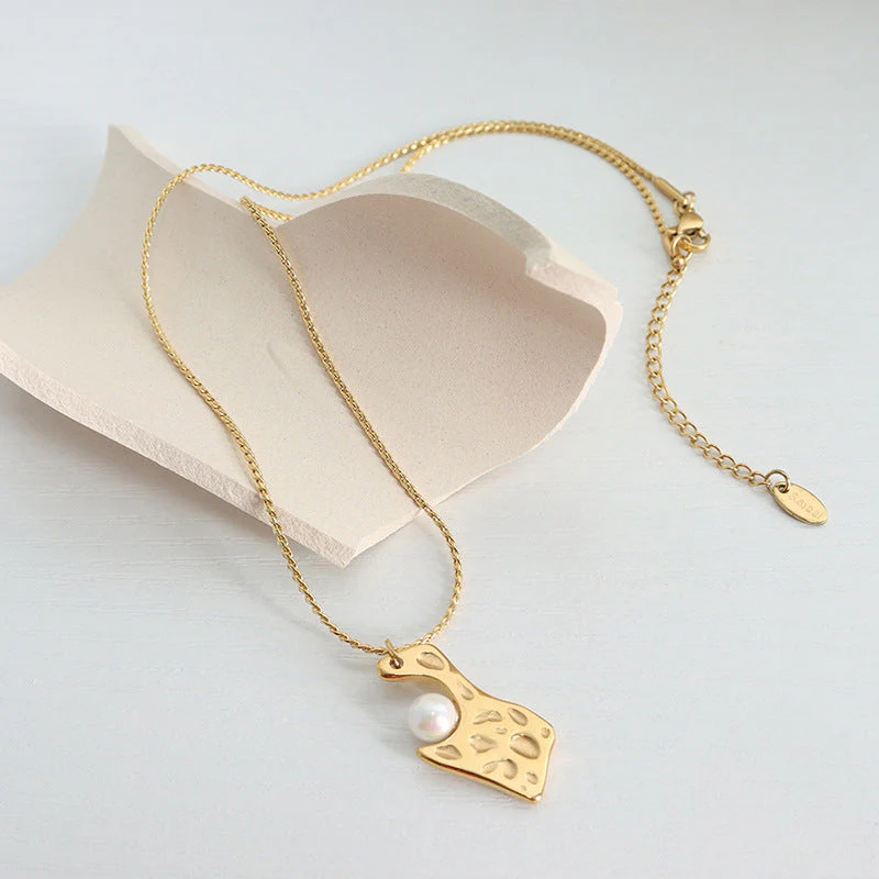 Geometric Irregular Debossed Pearl Inlay Pendant Necklace and Earring Set