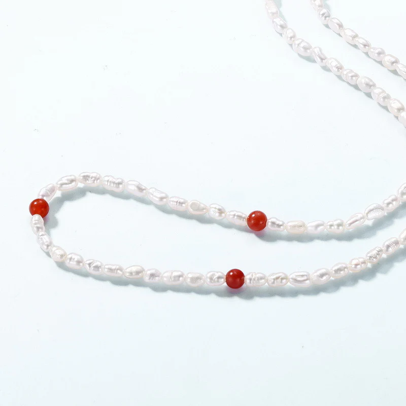 Natural Red Agate and Freshwater Pearl Strand Necklace