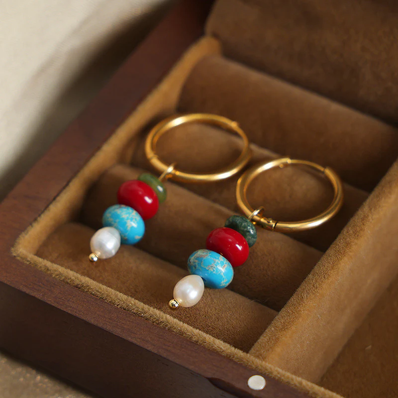 Circle With Natural Stone Pearl Drop Earring