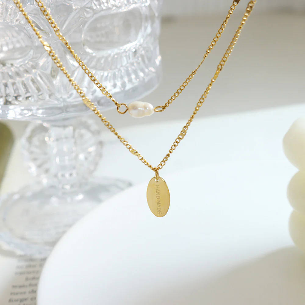 Oval Plate and Pearl Pendant Stacked Two Layered Necklace