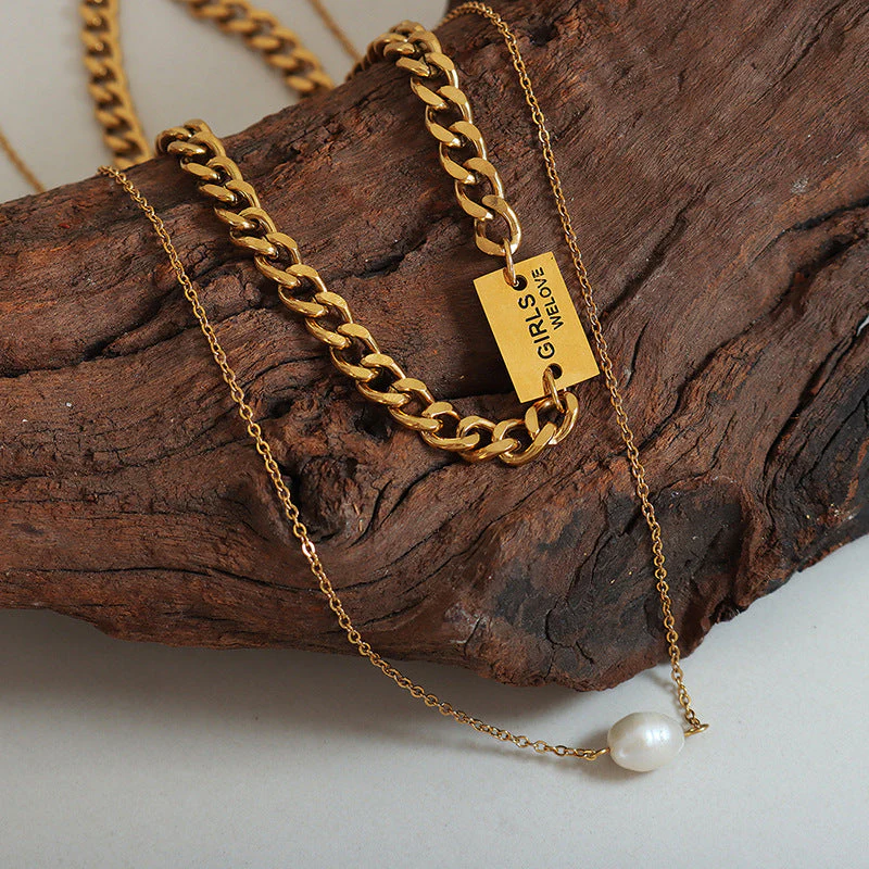 Thick and Thin Chain Stacked Two Gold Layered Necklace