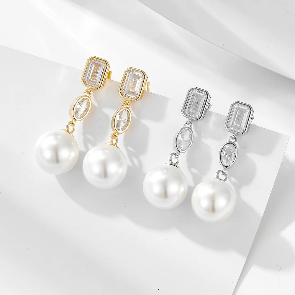 Elegant Cube Zircon 10mm Pearl Dangle Earrings