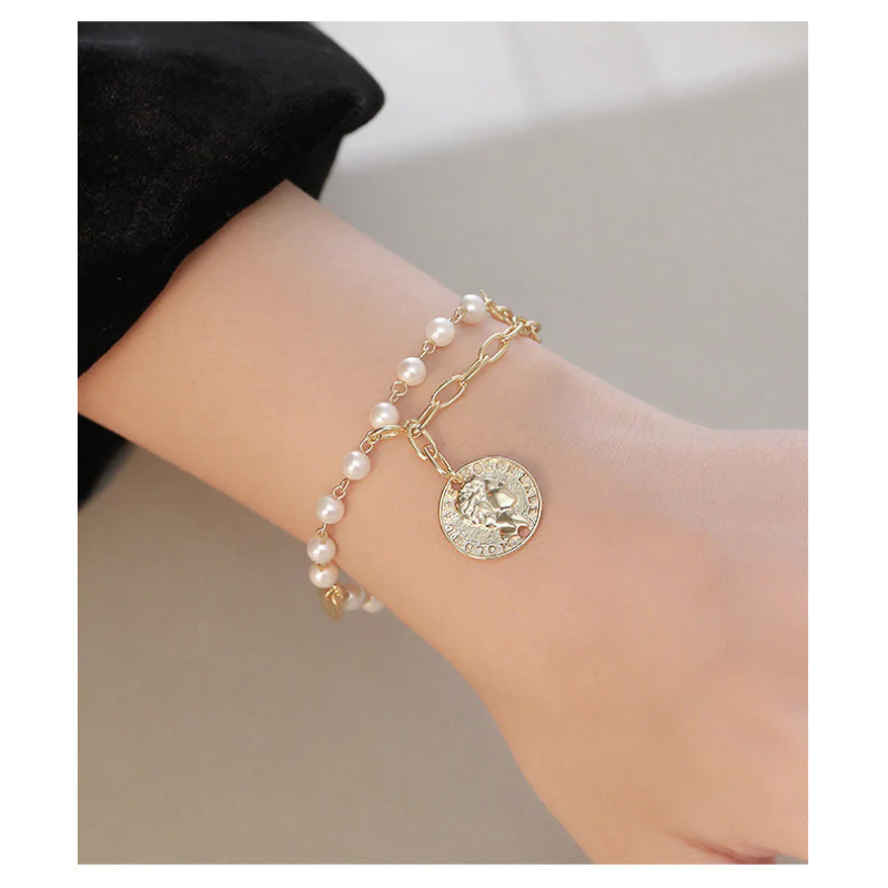 Vintage Portrait Coin Pearl Bracelet