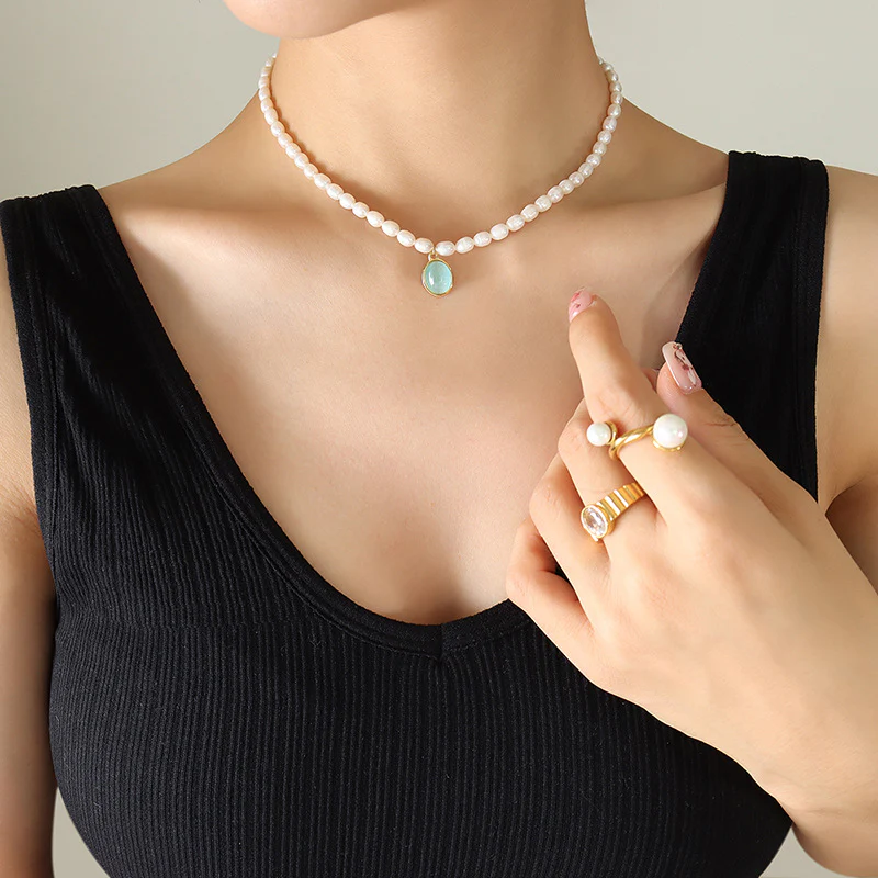 Lake Green Opal Pendant Pearl Necklace