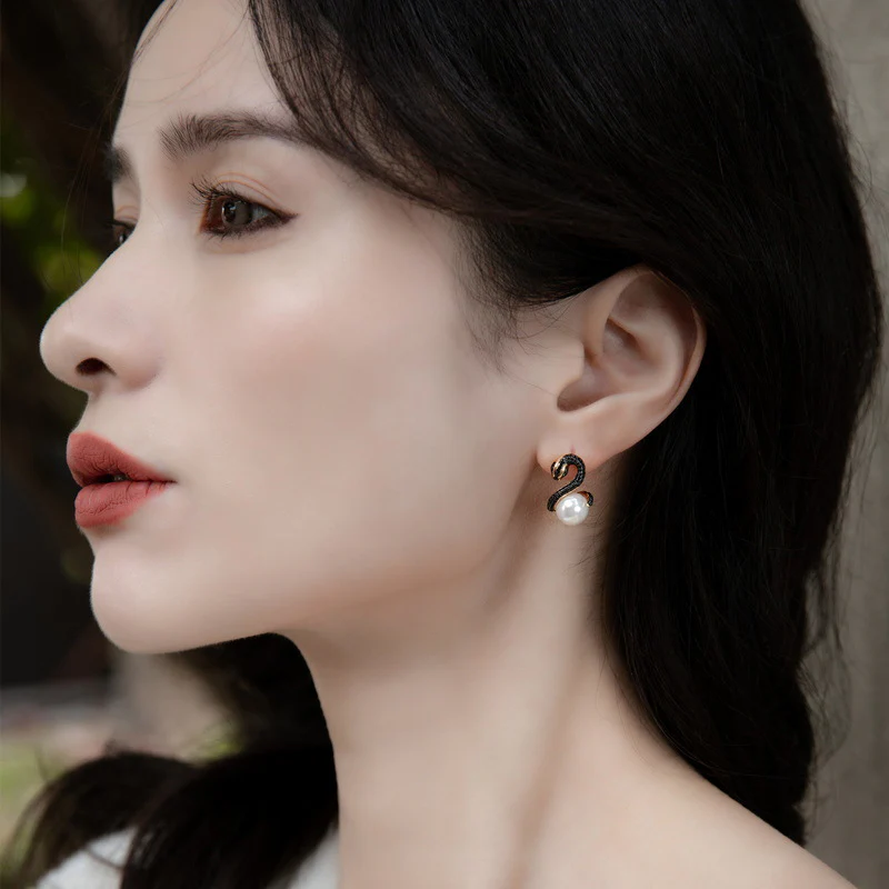Pearl and Black Snake Earrings