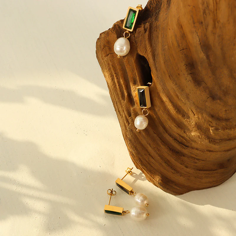 Black Zircon and Emerald Pearl Drop Earrings