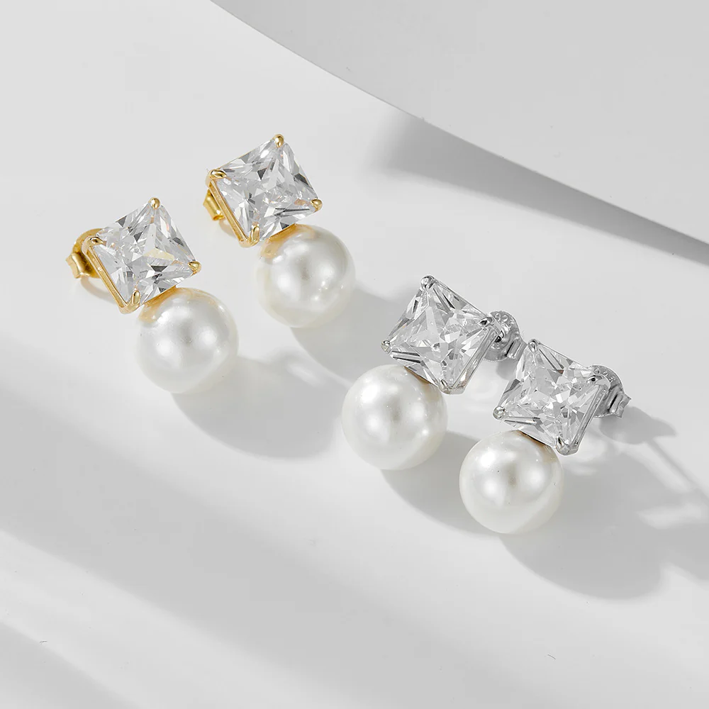 Cube Diamond 10mm Pearl Earrings