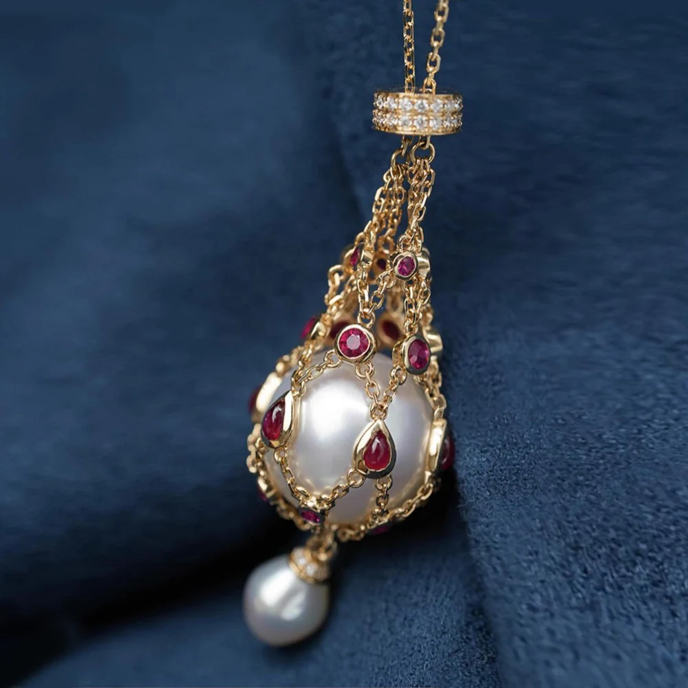 Freshwater Pearl & Red Corundum Pendant Necklace