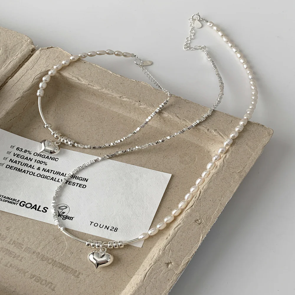 Half Pearl Half Silver Block Chain Heart Pendant Necklace Bracelet Set