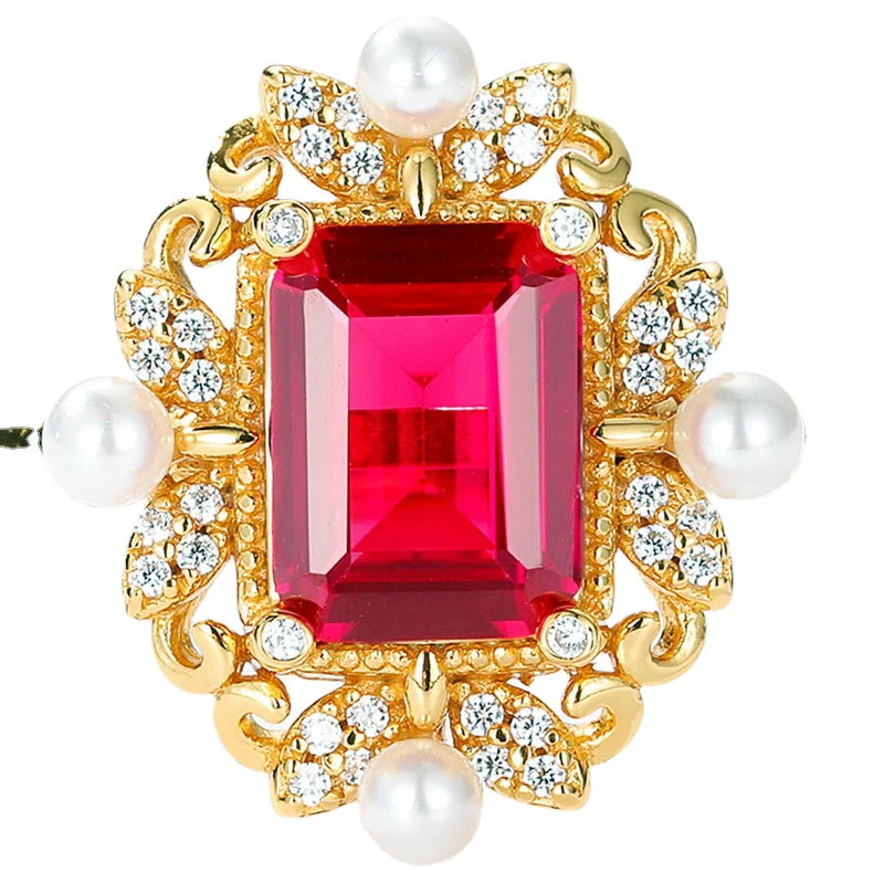 Retro Court Style Ruby and Pearl Ring