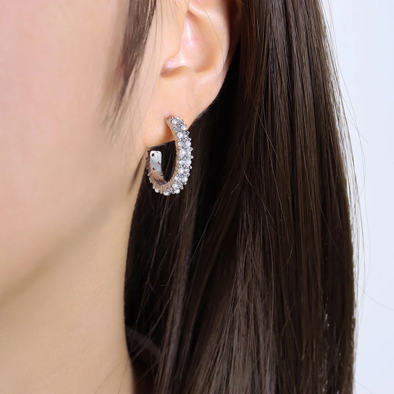 C-Shaped Diamond-Set Pearl Earrings