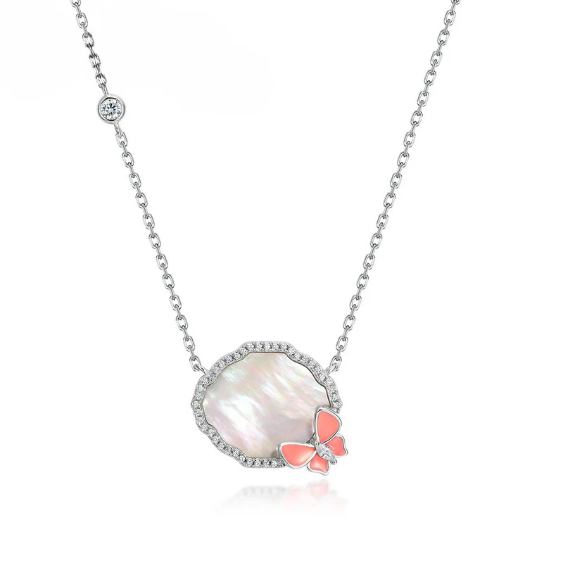 Pink Butterfly Mother of Pearl Pendant Necklace