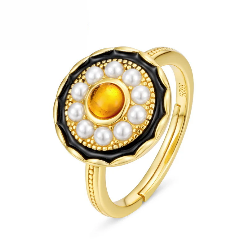 Natural Amber and Pearl Ring